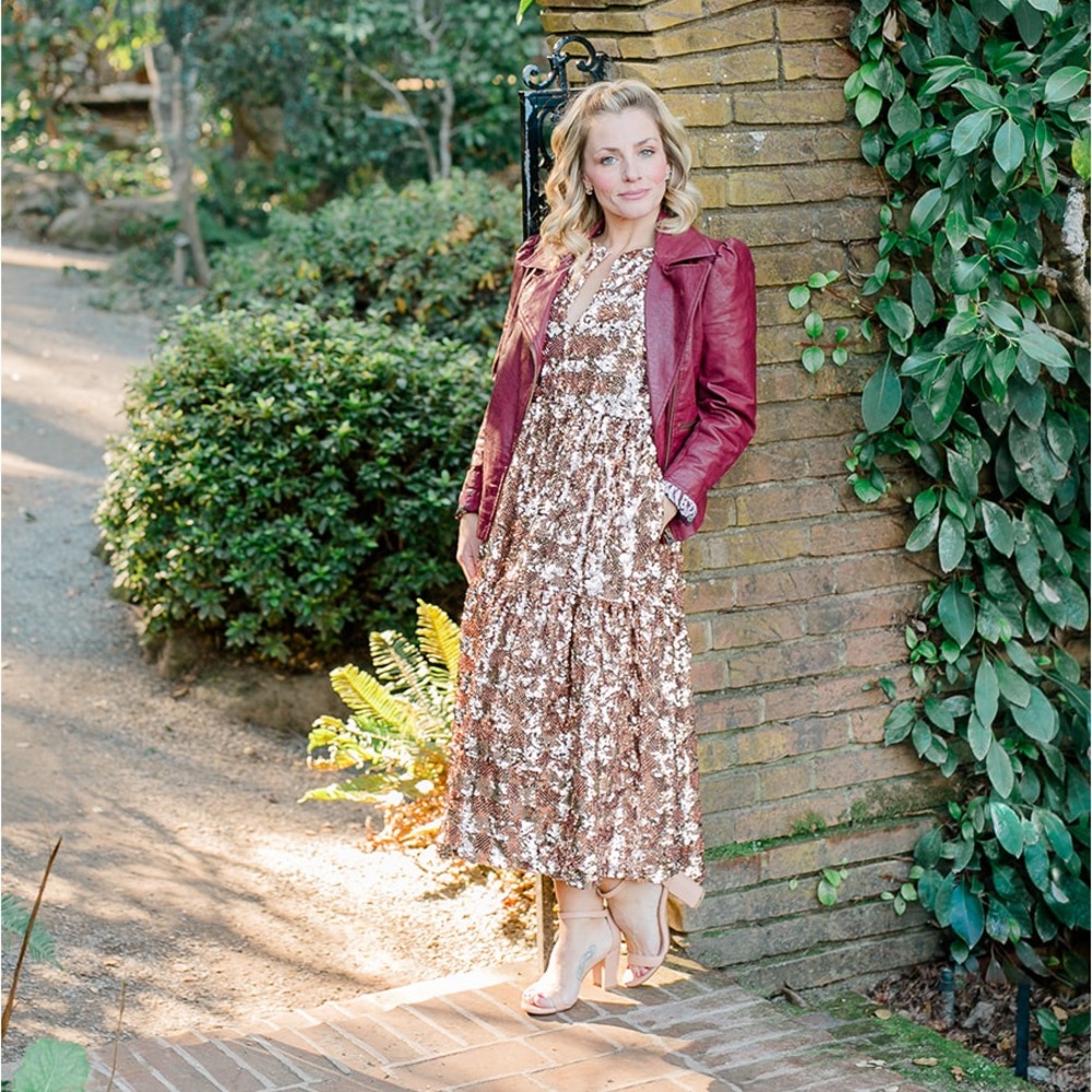 XXSP Anthropologie rose gold sequin maxi dress with pockets